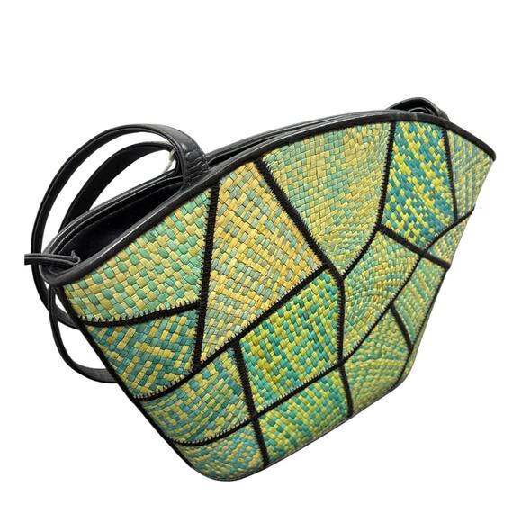 Le Sac Patchwork Woven Straw Shoulder Bag Handbag Purse Boho Retro Vintage Green - Picture 5 of 5
